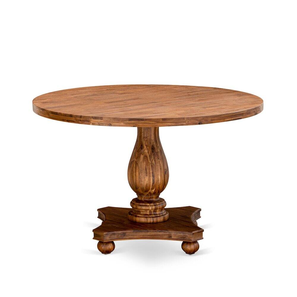 East West Furniture - IRVING Round Dining Table with Pedestal, Rustic Rubberwood Table in Sandblasting Antique Walnut - Multi-Color