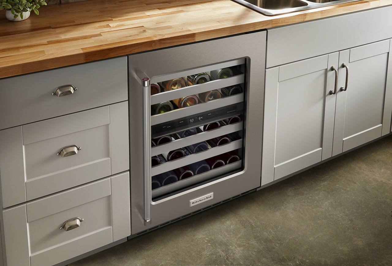 Alt View 8. KitchenAid - 46-Bottle Dual-Zone Wine Cellar with Glass Door and Metal-Front Racks - Stainless Steel.