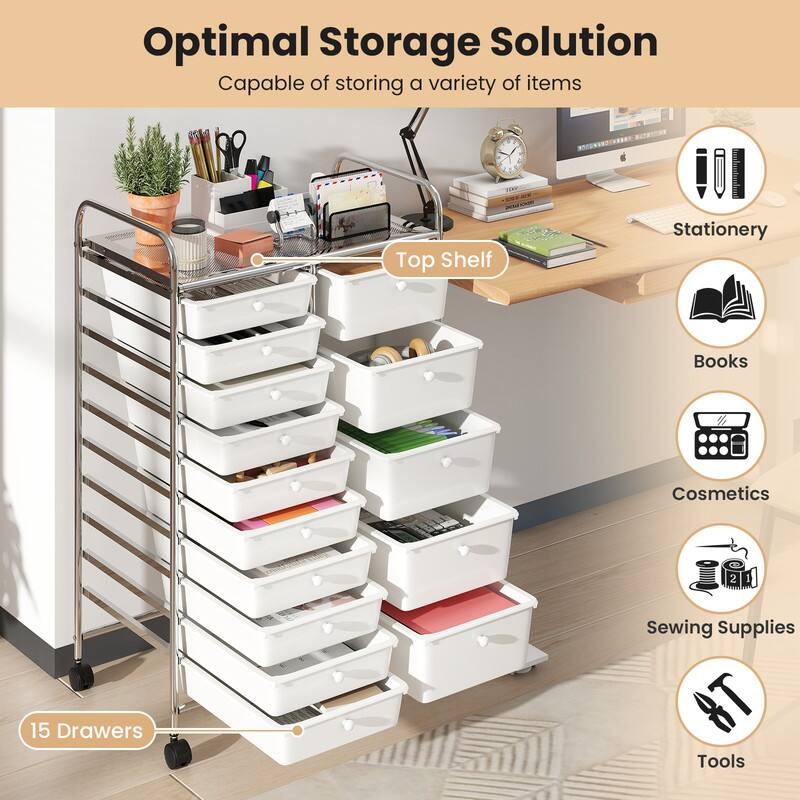 Optimal Storage Solution  
Capable of storing a variety of items  
Top Shelf  
Stationery  
Books  
Cosmetics  
Sewing Supplies  
15 Drawers  
Tools