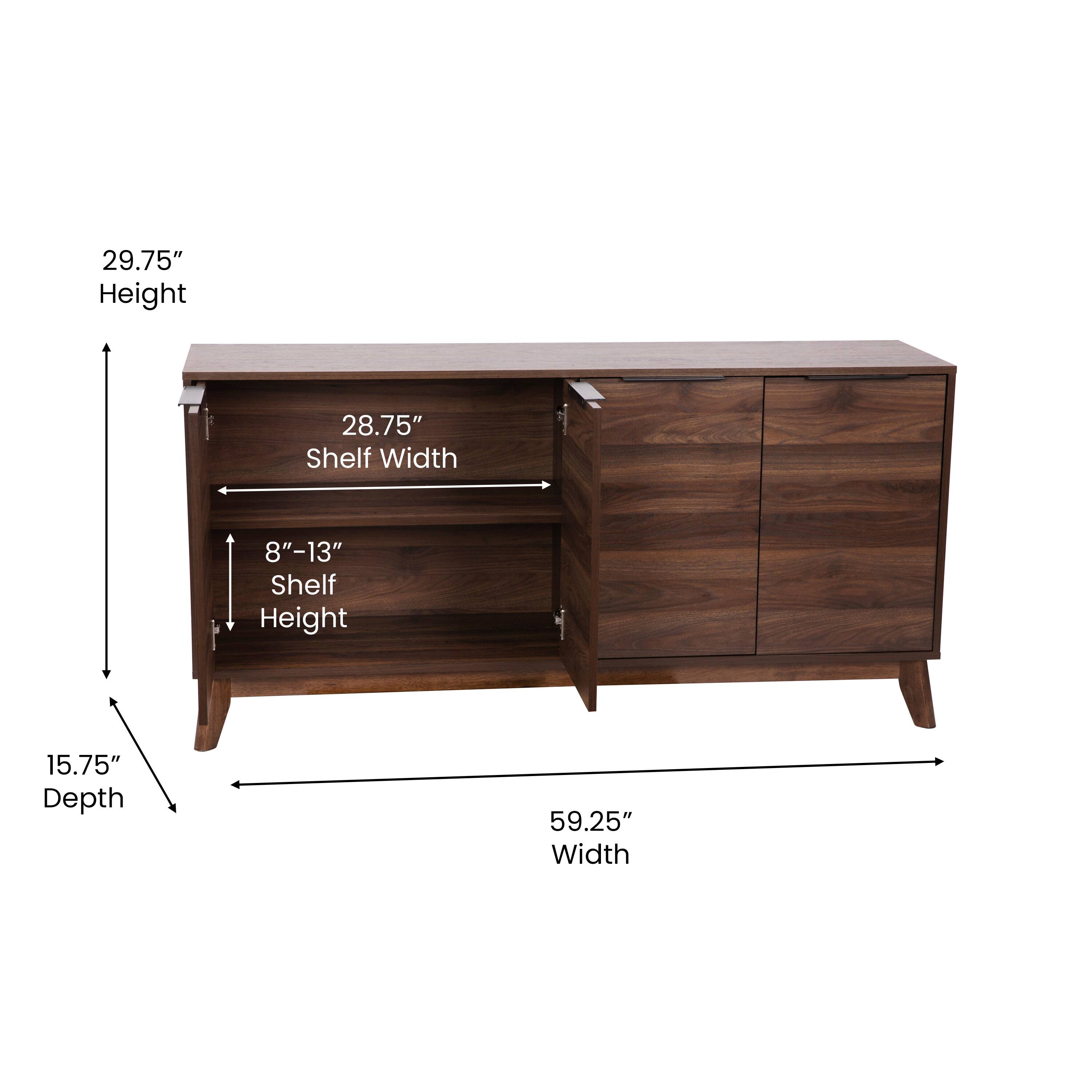 29.75" Height  
28.75" Shelf Width  
8"-13" Shelf Height  
15.75" Depth  
59.25" Width