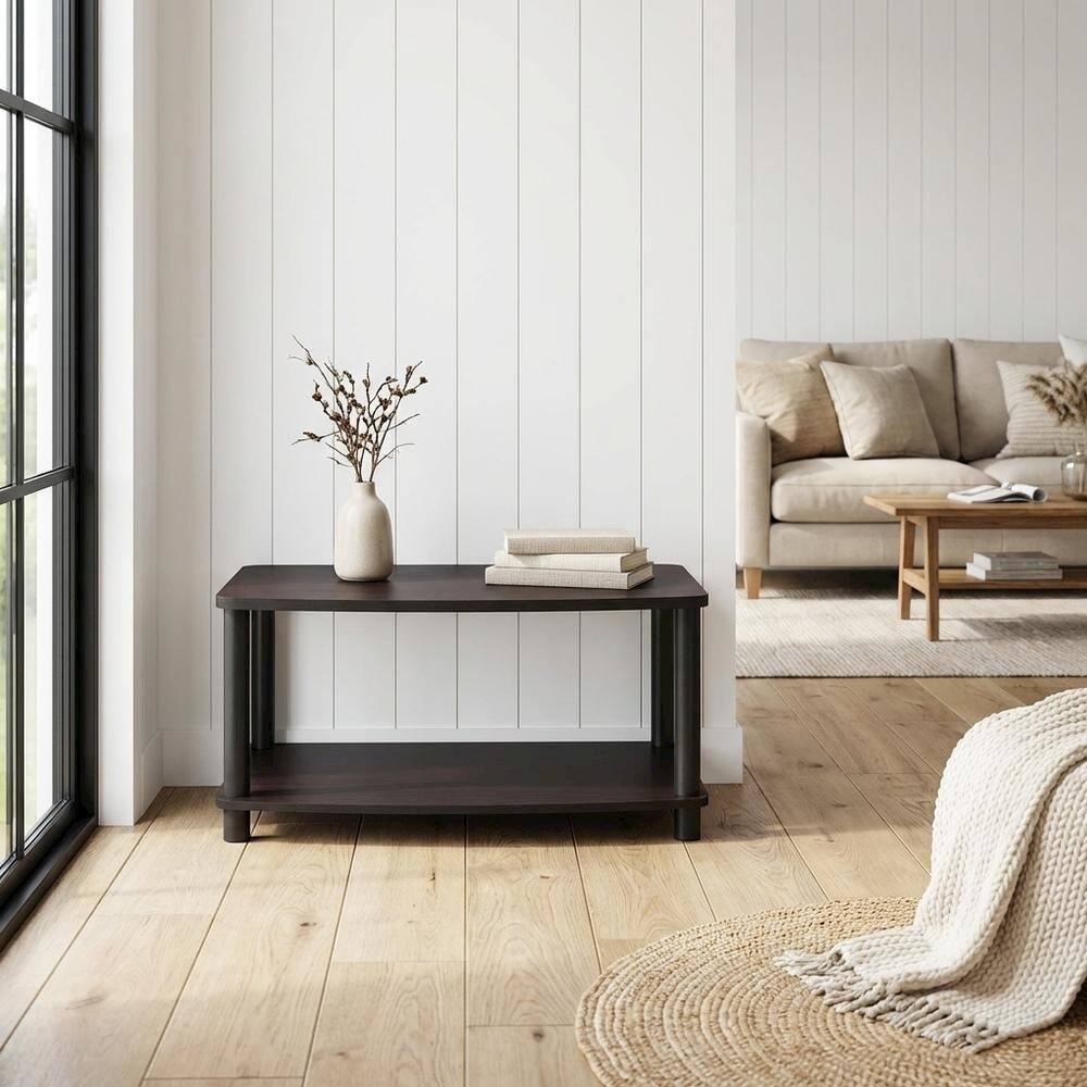Alt View 2. FurniFact - Dark Walnut 2-Tier Elevated TV Stand with No Tools Assembly - Brown Black.
