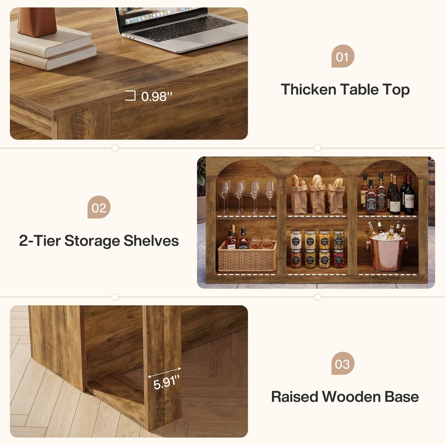 BOOKERCONGOODY

01
0.98"
Thicken Table Top

02
2-Tier Storage Shelves
5.91"

03
Raised Wooden Base