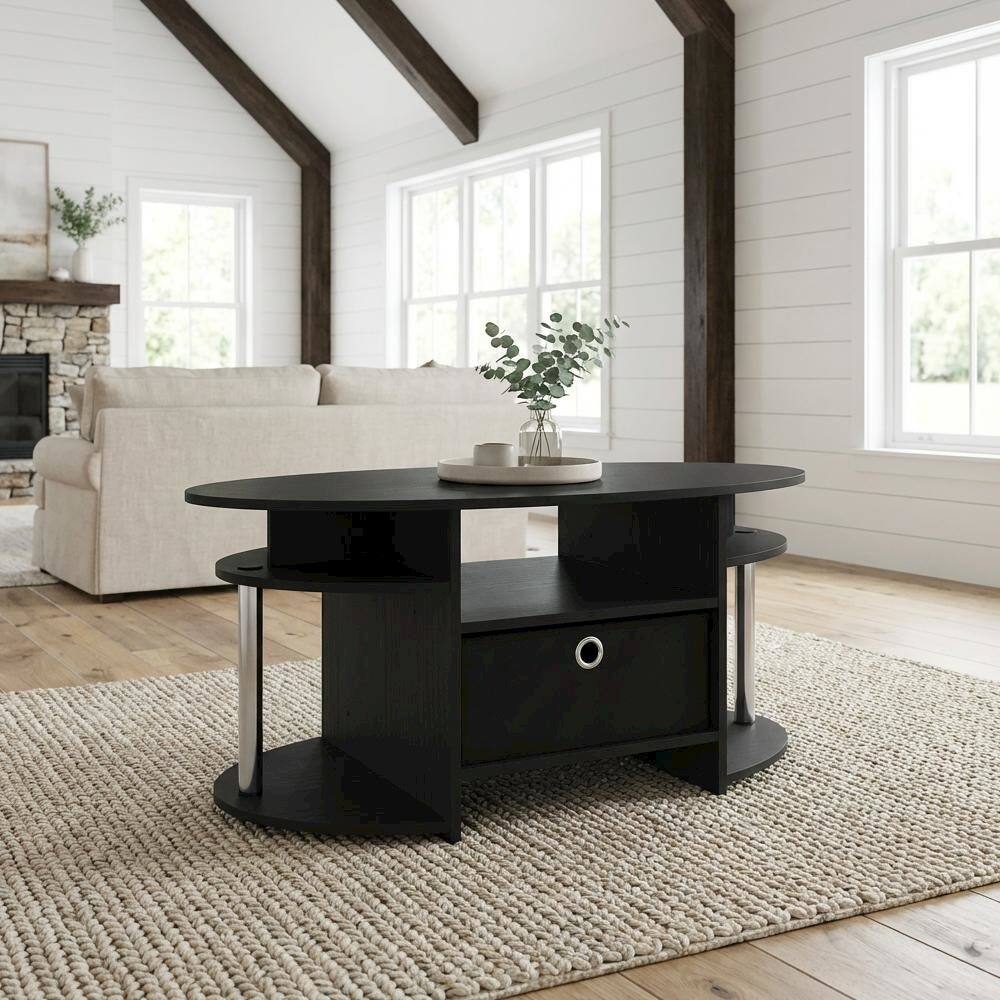 Angle. FurniFact - Americano Oval Coffee Table with Storage Bin and Chrome Steel Frame - Americano/Chrome/Black.