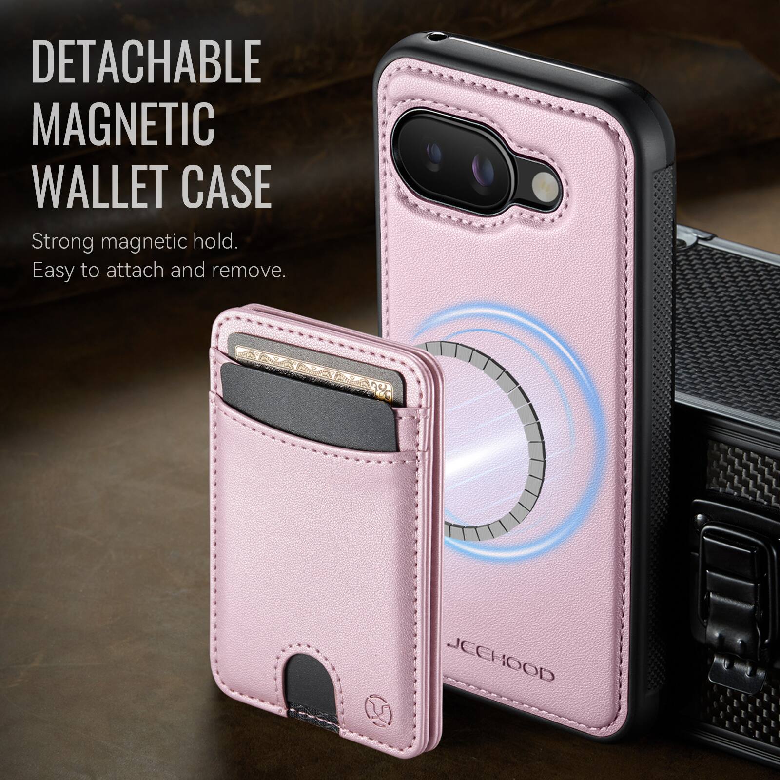 DETACHABLE MAGNETIC WALLET CASE  
Strong magnetic hold.  
Easy to attach and remove.  

JEEHOOD