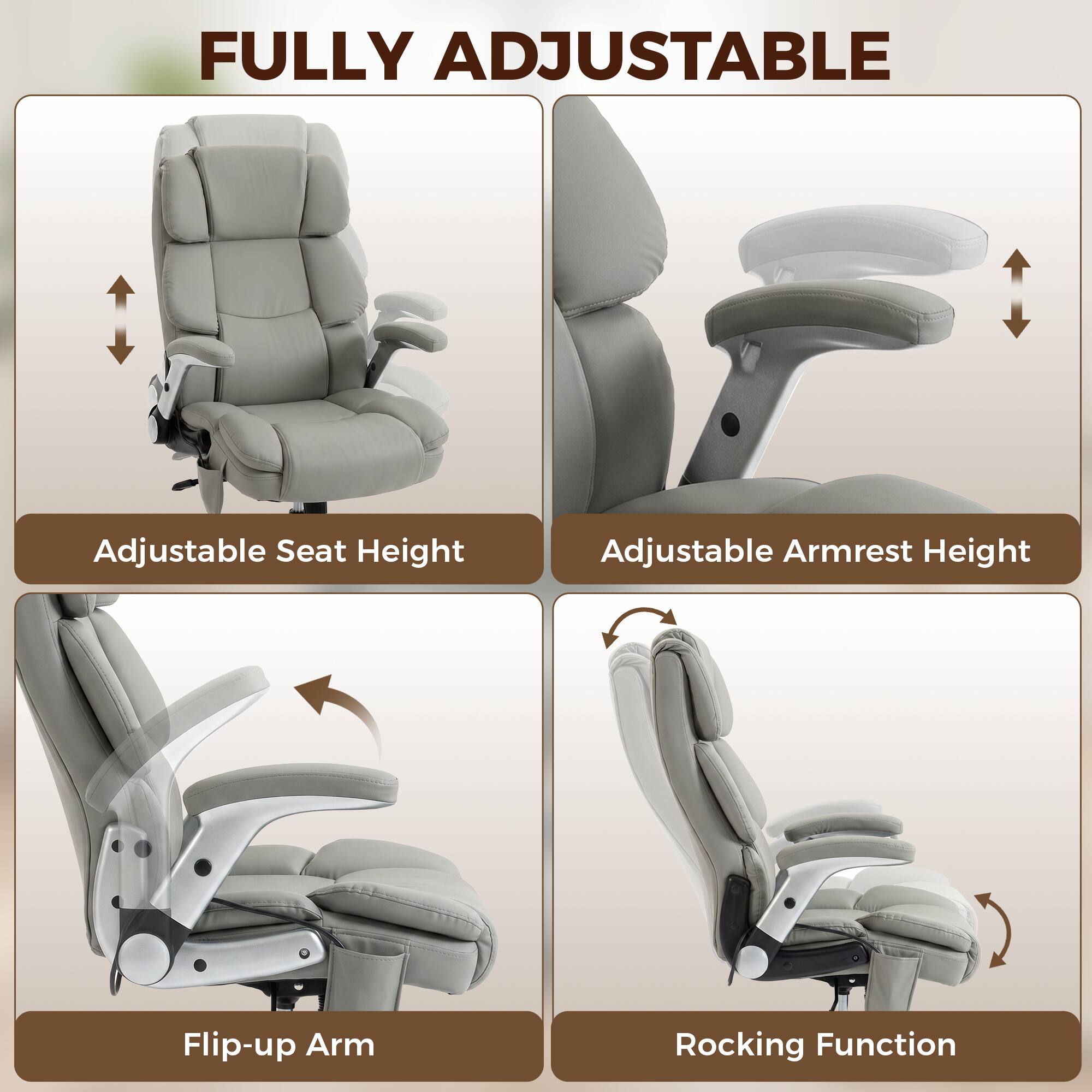 FULLY ADJUSTABLE

Adjustable Seat Height

Adjustable Armrest Height

Flip-up Arm

Rocking Function