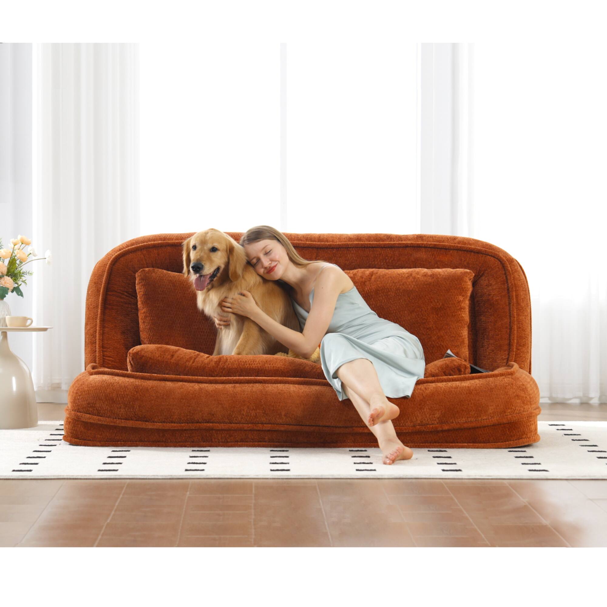 Left. GOODSILO - Extra Large Convertible Floor Sofa Bed with Adjustable Backrest for Comfortable Lounging and Napping - Orange.