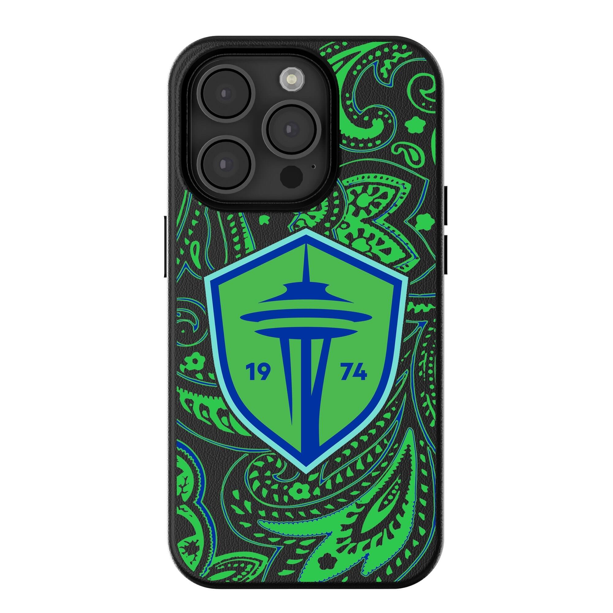 Front. Keyscaper - Black Seattle Sounders FC iPhone Magnetic Bump Case - 16 Pro - Black.