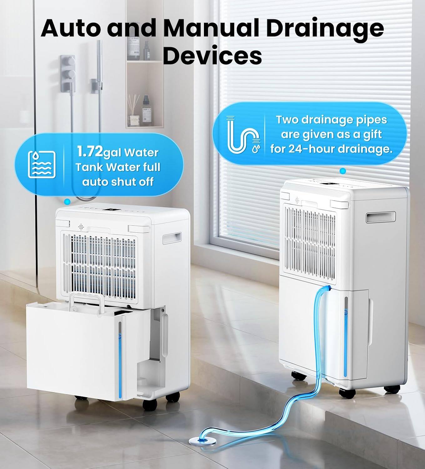 Auto and Manual Drainage Devices

1.72gal Water Tank Water full auto shut off

Two drainage pipes are given as a gift for 24-hour drainage.