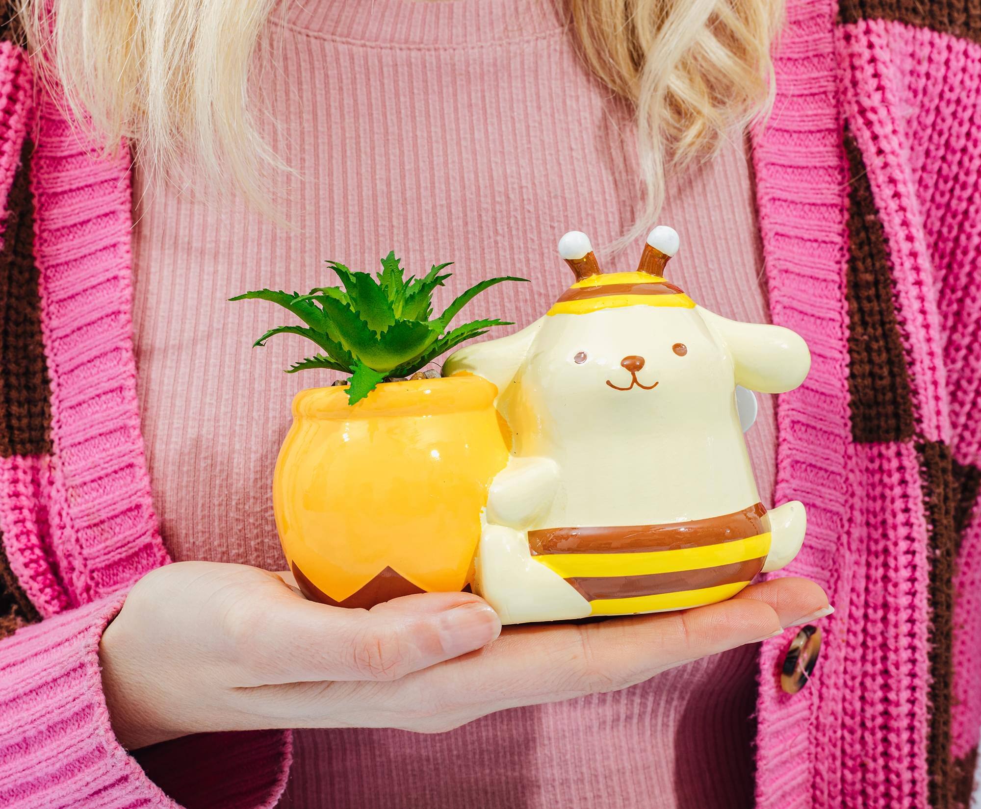 Alt View 3. Silver Buffalo - Sanrio Pompompurin Honey Pot Ceramic Mini Planter With Artificial Succulent - Yellow.