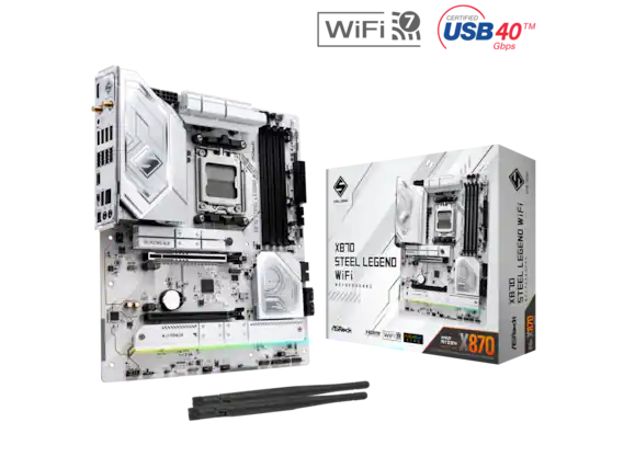 X870 STEEL LEGEND WiFi
MOTHERBOARD
ISRock
AMD Ryzen
X870
WIFI 6
USB 40 Gbps
BLAZING USB 3.2
M.2 ARMOR
HDMI
WiFi 6
STEEL LEGEND
X870