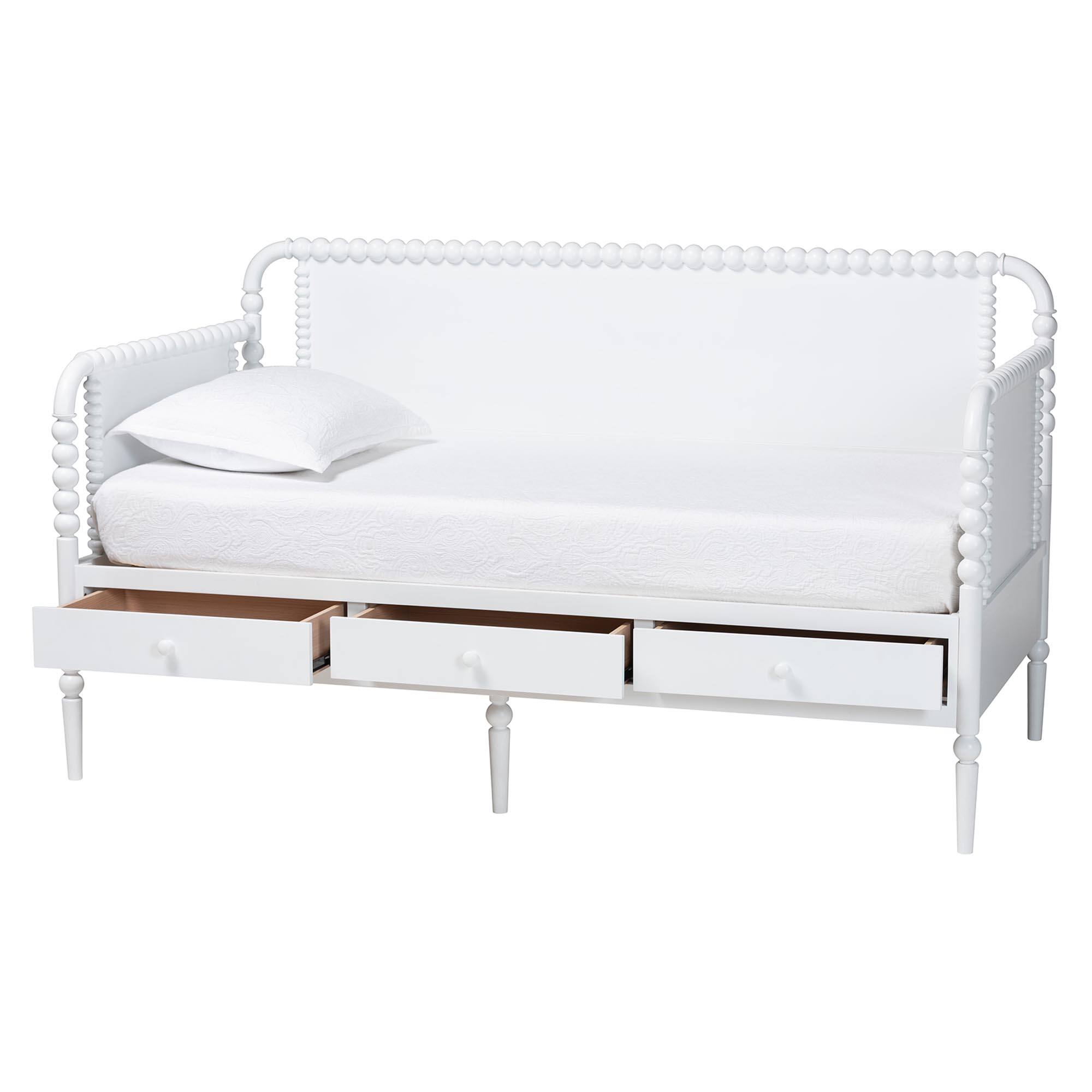 Angle. Baxton Studio - Lucera 3-Drawer Daybed with Bobbin Frame, Full - White.