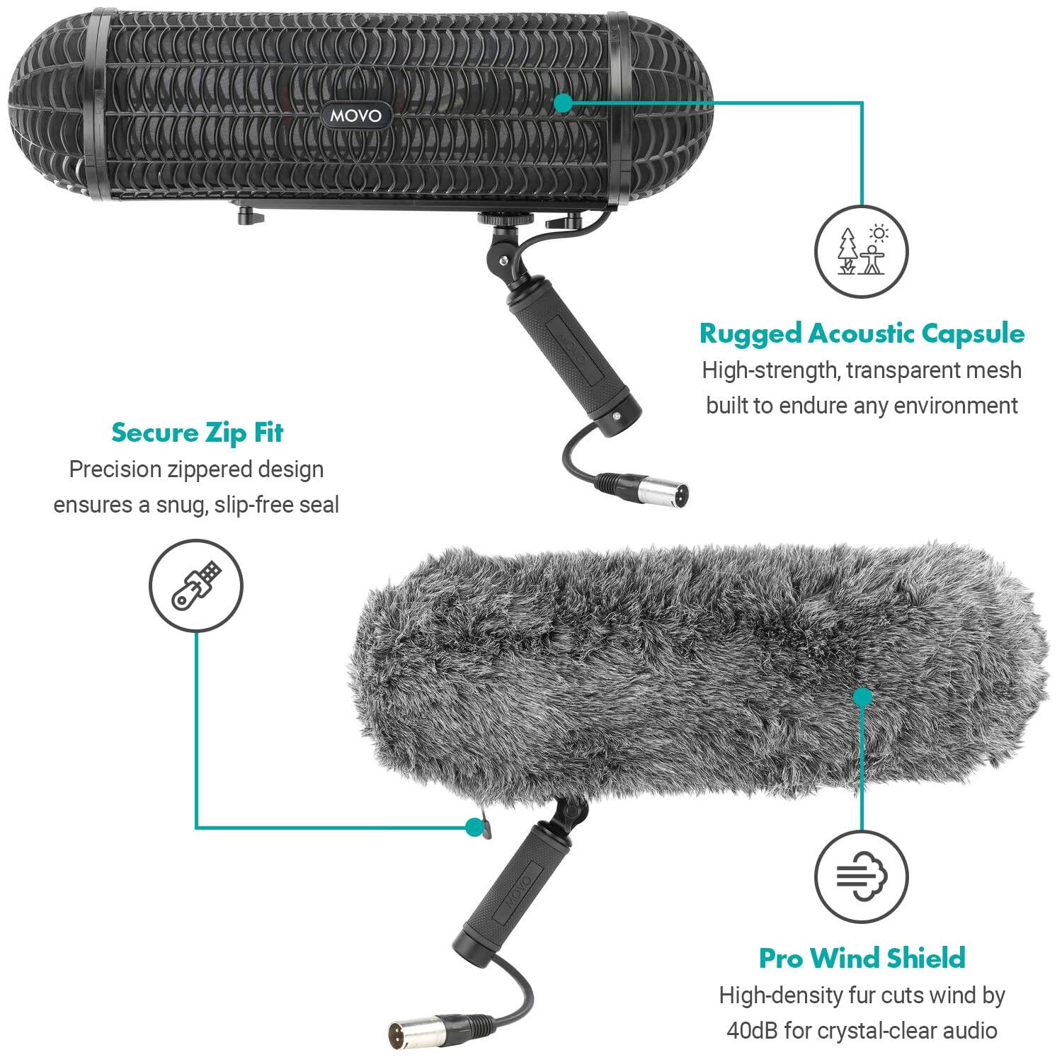 MOVO

Secure Zip Fit  
Precision zippered design ensures a snug, slip-free seal

Rugged Acoustic Capsule  
High-strength, transparent mesh built to endure any environment

Pro Wind Shield  
High-density fur cuts wind by 40dB for crystal-clear audio