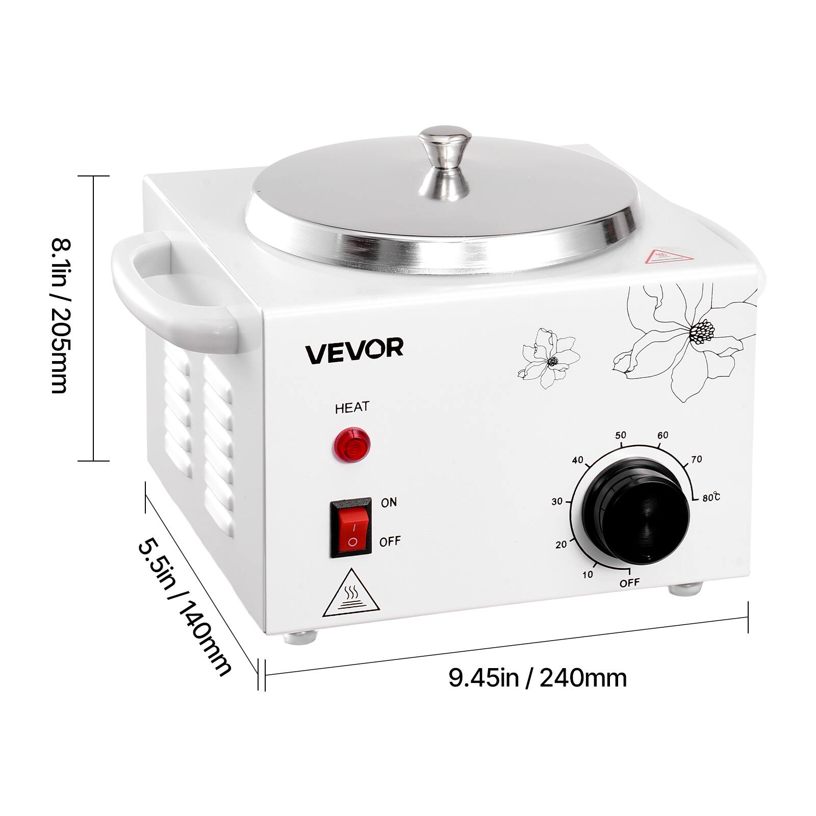 8.1in / 205mm  
5.5in / 140mm  
9.45in / 240mm  

VEVOR  

HEAT  
ON OFF  

50 60 40 70 30 20 10 OFF  

I O SSS