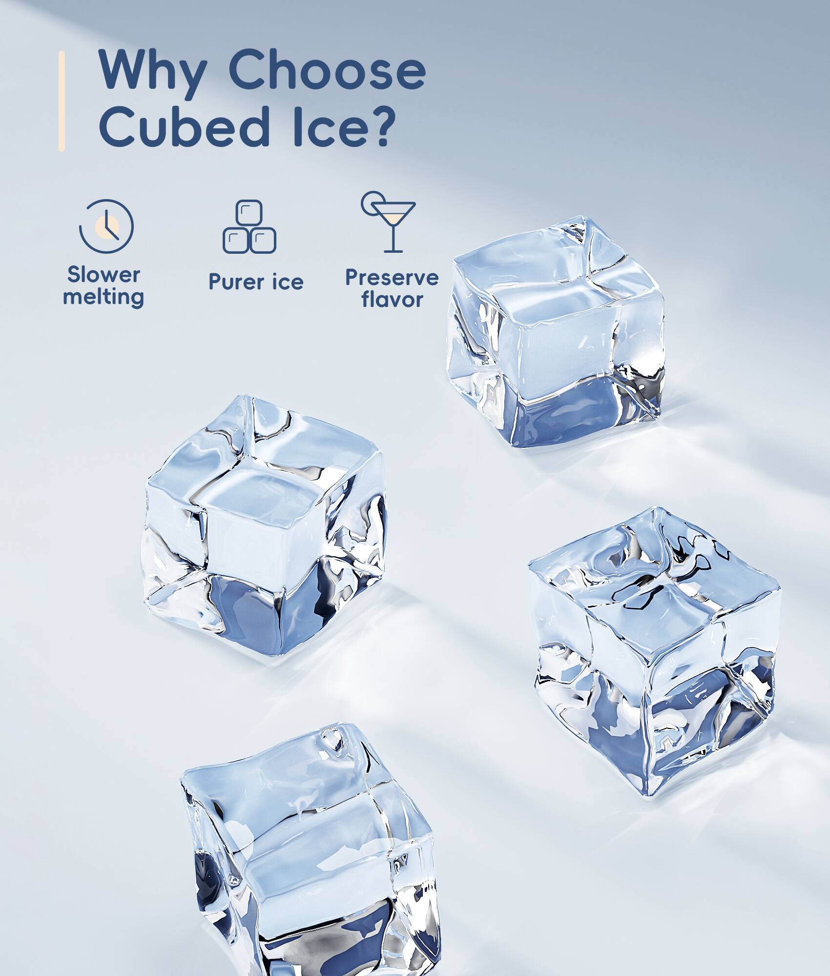Why Choose Cubed Ice? Slower melting Purer ice Preserve flavor