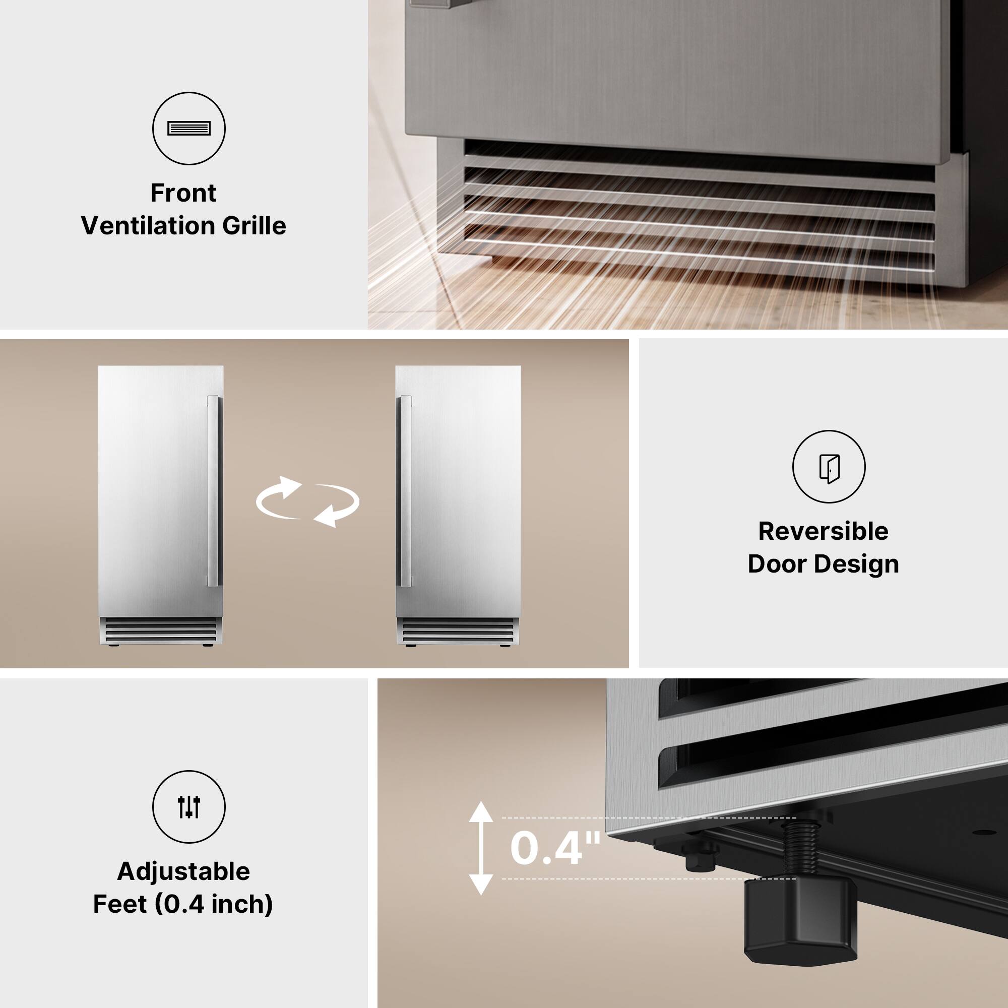 Front Ventilation Grille  
Reversible Door Design  
TAT Adjustable Feet (0.4 inch)  
0.4"