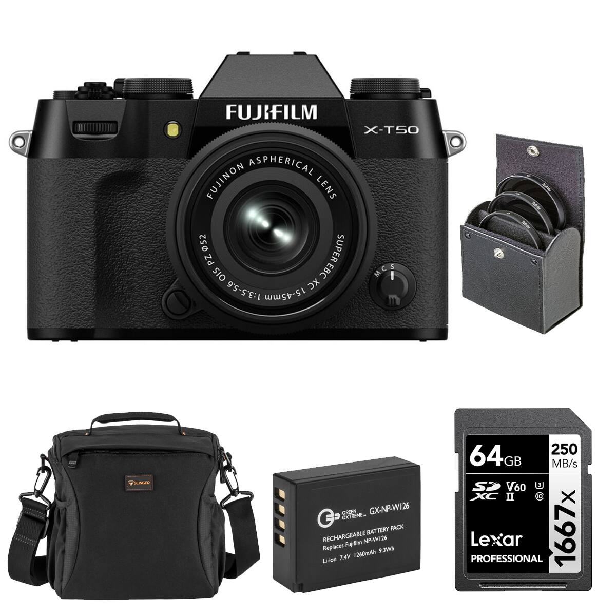 FUJIFILM X-T50 ASPHERICAL FUJINON LENS 052 SUPER PZ MCS OIS XC EBC 1:3.5-5.6 15-45mm

SUNGER
EXTREME GREEN GX-NP-W126 BATTERY PACK RECHARGEABLE Fujilm NP-W126 Replaces 9.3Wh Li-ion 7.4V 1260mAh

250 64GB MB/s Si V60 XC   Lexar PROFESSIONAL 1667x