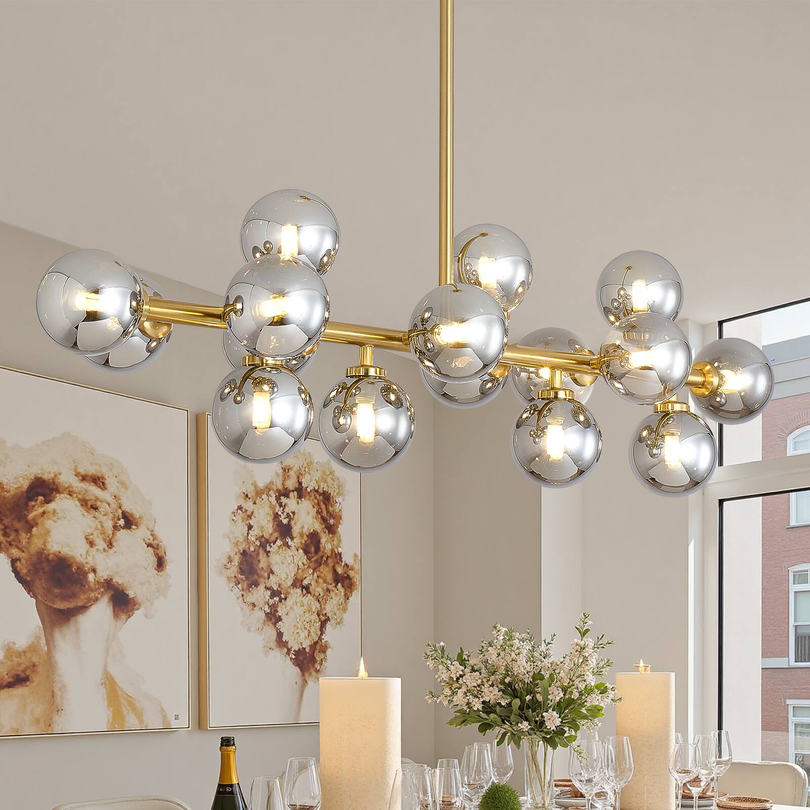 Angle. Siljoy - 39.4 Inch Linear Modern Gold Molecular Chandelier, Smoked Glass Globe Pendant Light for Dining Room, Kitchen Island - Smoked Glass.