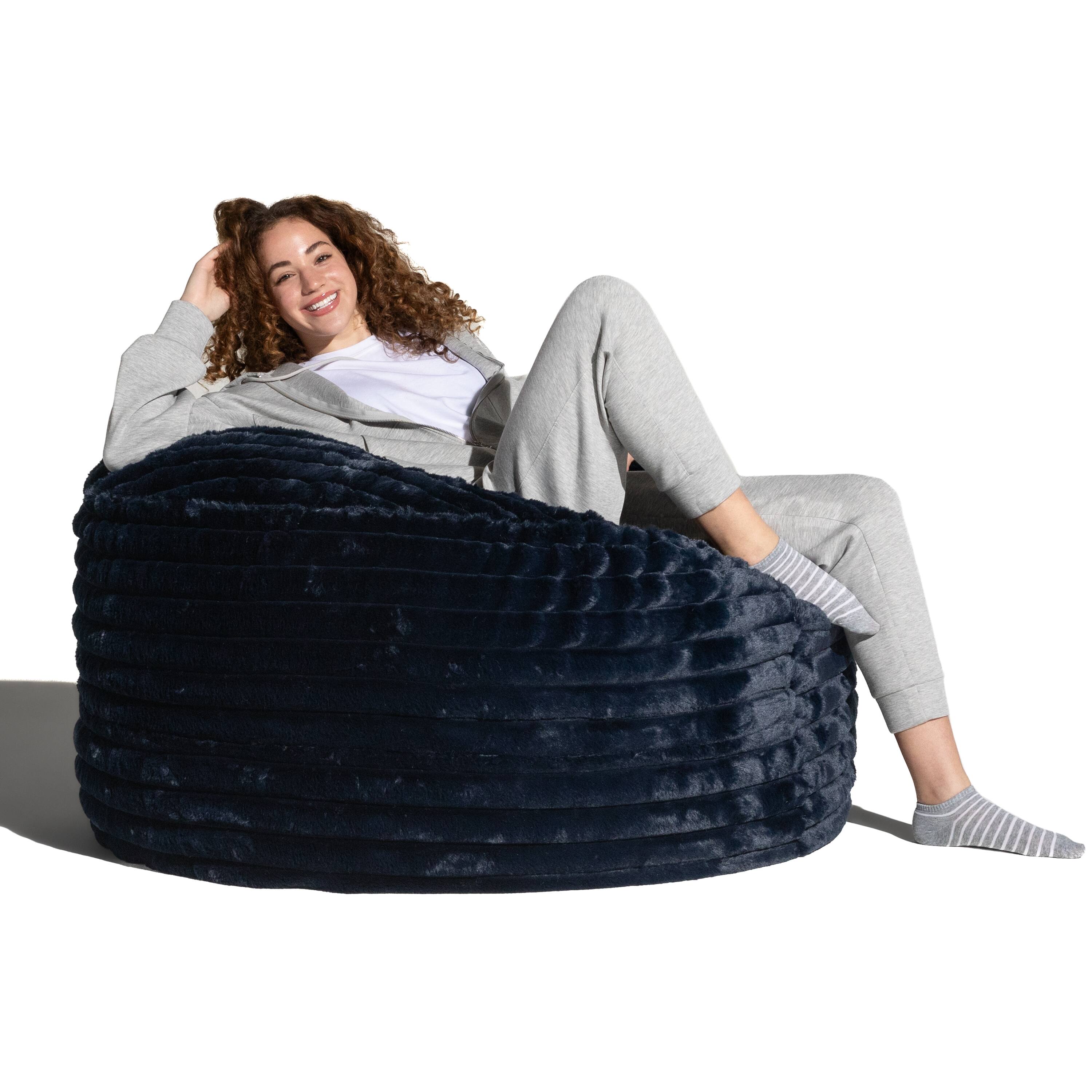 Angle. Jaxx - Jaxx Saxx 4ft - Large Round Bean Bag for Adults - Made in the USA - Luxuriously Soft Plush Faux Fur, Midnight Blue - Faux Fur Midnight Blue.