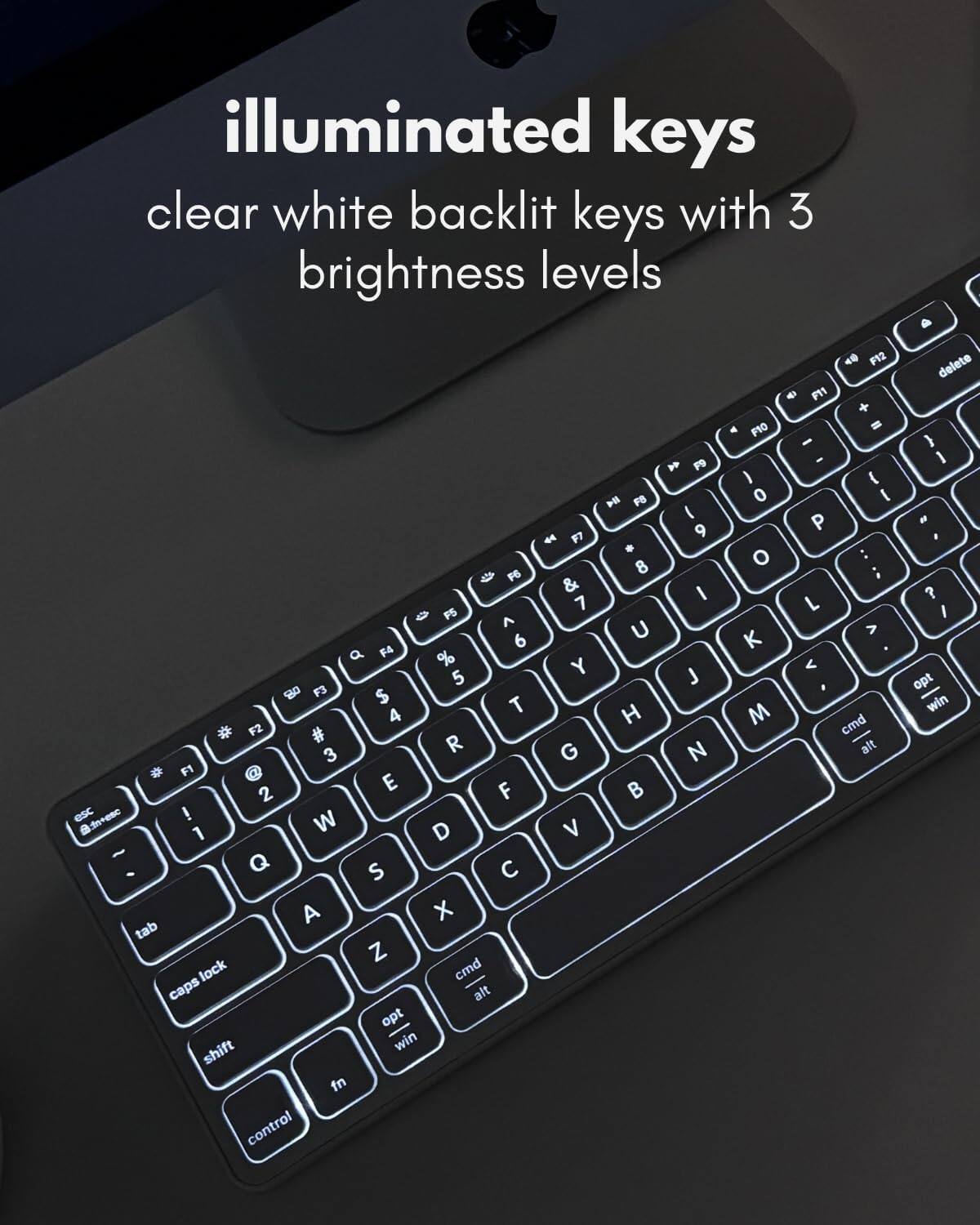 The text on the image reads: "illuminated keys clear white backlit keys with 3 brightness levels."