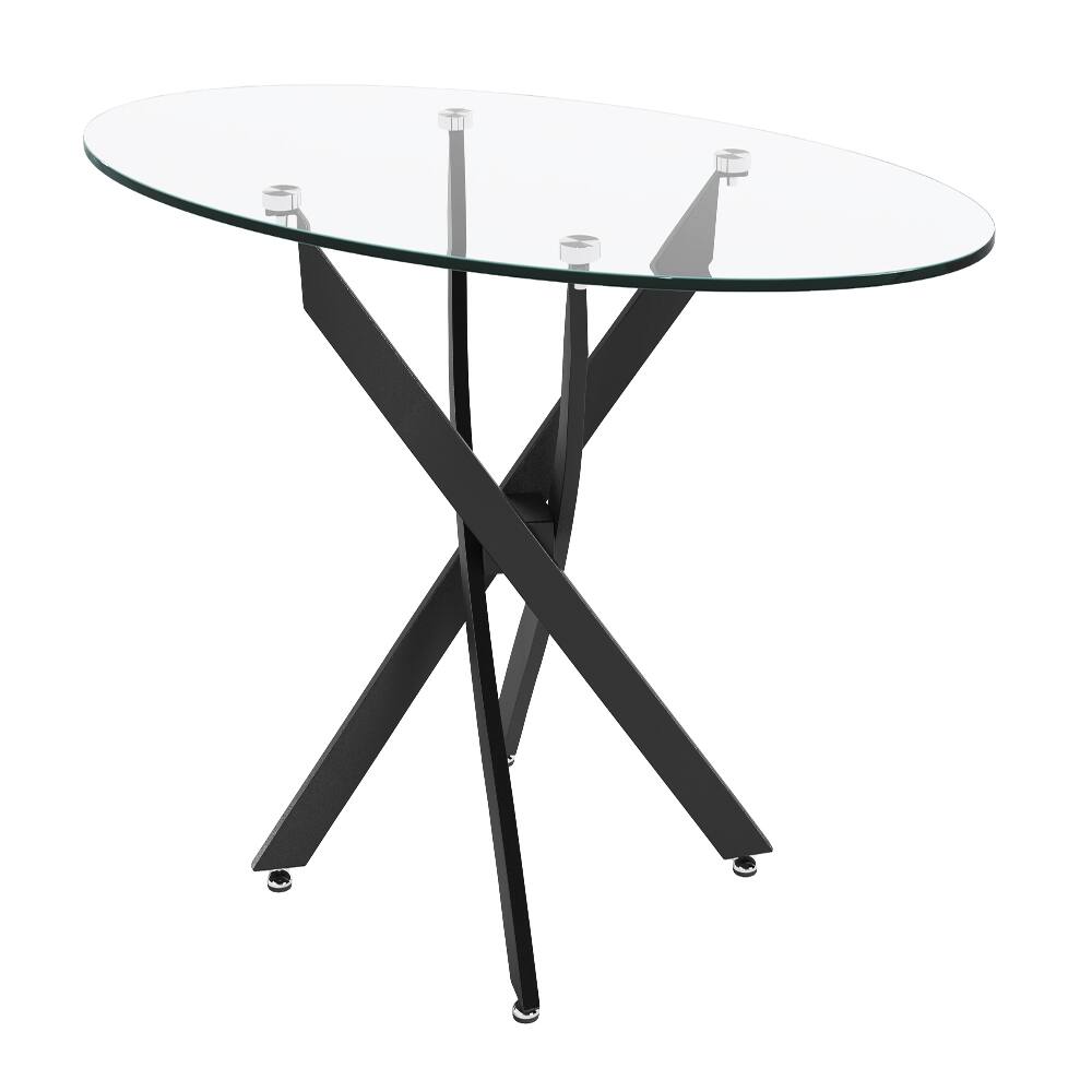 Back. Loheer - Loheer 39.37" Oval Glass Coffee Table Modern Tea Table with Black Metal Legs - Black.