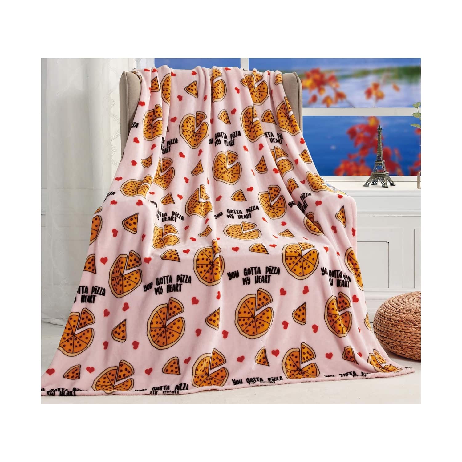 Noble House - Plazatex Pizza My Heart Micro plush Decorative All Season Color 50" X 60" Throw Blanket - Multi