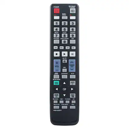 POWER INPUT SELECT TV SOURCE
AMP/TV MAIN/ZONE2 BD/DVD 1 2 3 4 5 6 NEO6 SLEEP DIMMER 7 8 9 PROLOGIC AUDIO ASSIGN DSP 0 H4
" MUTE + VOL ASC TUNING ICH TUNER MEMORY SUB WOOFER MO/ST SETUP/MENU ... INFO i RETURN EXIT - BD/DVD SAT TV/AUXI CD MULTI CH VCR/AUX2 iPod AH5G-02297A