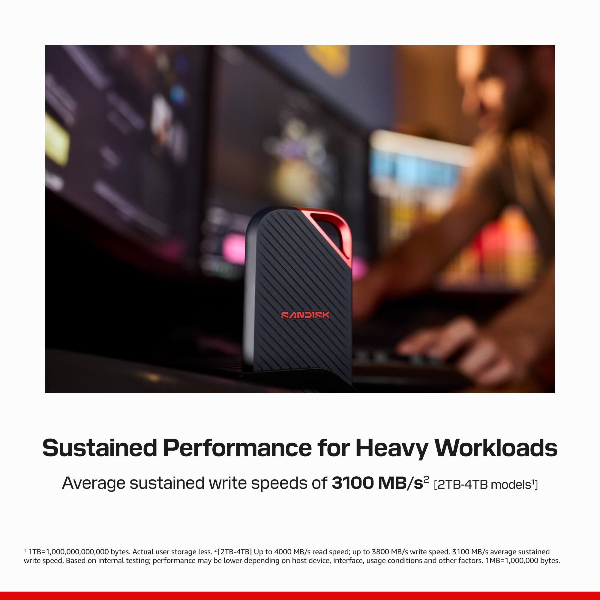 SANDISK

Sustained Performance for Heavy Workloads
Average sustained write speeds of 3100 MB/s² [2TB-4TB models]¹

1TB=1,000,000,000,000 bytes. Actual user storage less. Up to 4000 MB/s read speed; up to 3800 MB/s write speed. 3100 MB/s average sustained write speed. Based on internal testing: performance may be lower depending on host device, interface, usage conditions and other factors. 1MB=1,000,000 bytes.