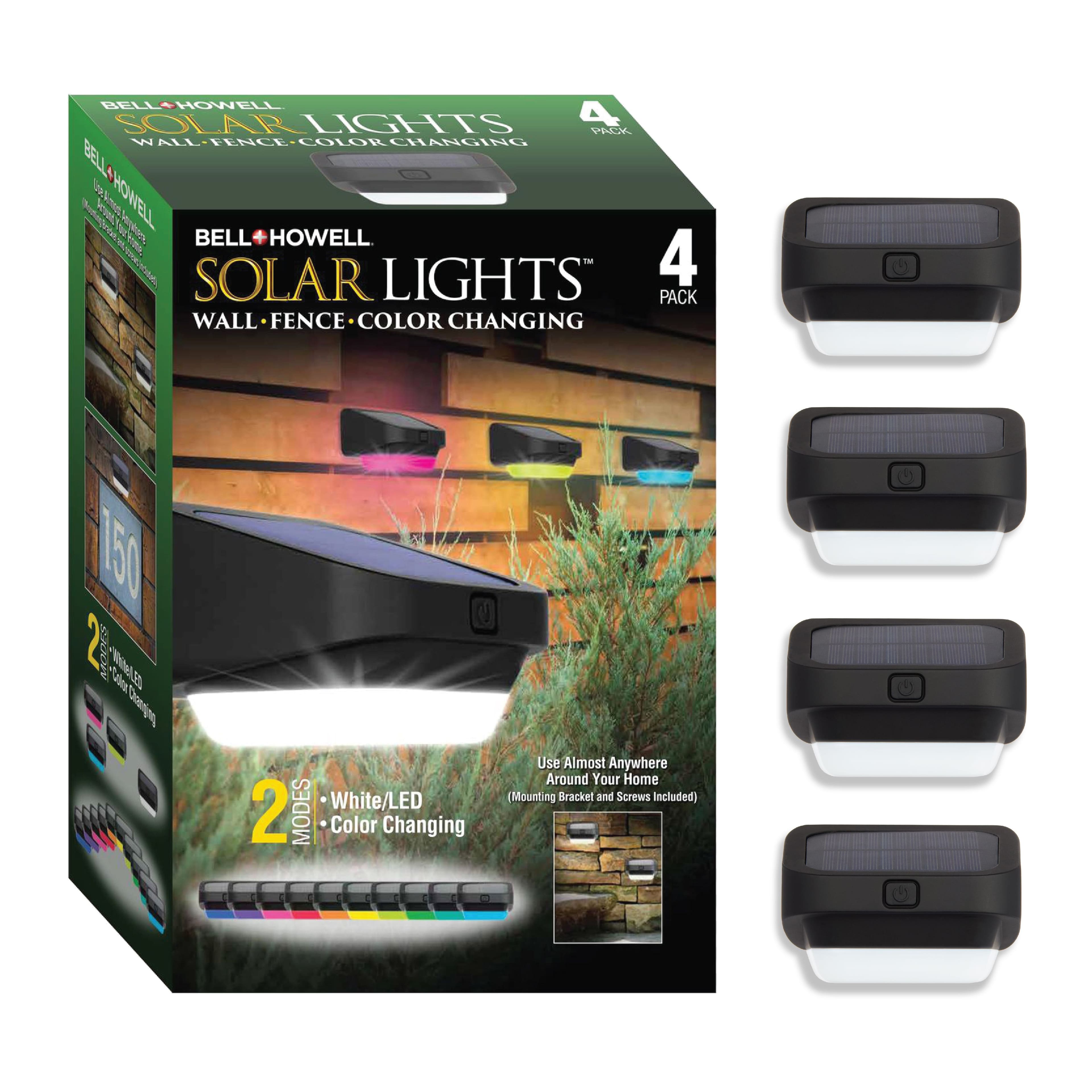 Bell + Howell - Solar Lights 4 Pack Solar Powered Outdoor LED Wall Lights with Color Changing Mode for Garden, Yard, Deck