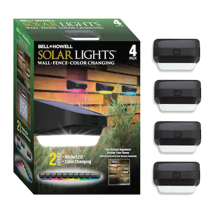 BELL HOWELL SOLAR LIGHTS 4 PACK WALL FENCE COLOR CHANGING 150 LUMENS 2 MODES (White/LED Color Changing Use Almost Anywhere Around Your Home Mounting Bracket and Screws Included)