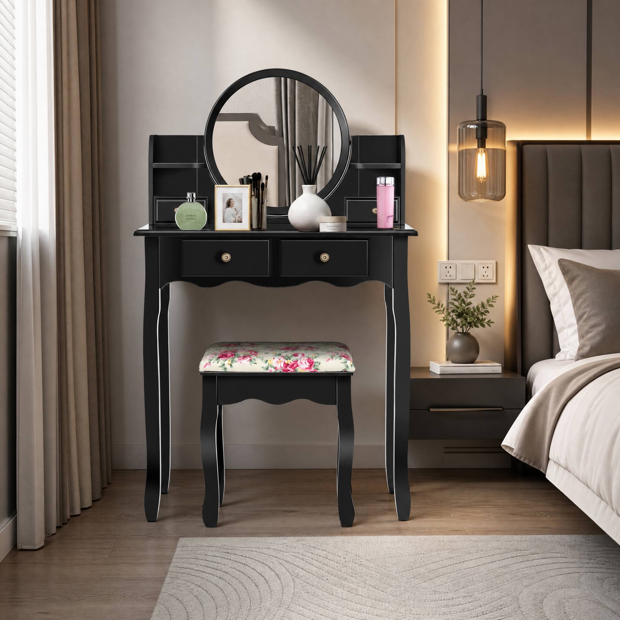WELLFOR - Makeup Vanity Set with 360° Pivoted Round Mirror & Stool, Vintage Vanity Table and Cushioned Stool Set - Black