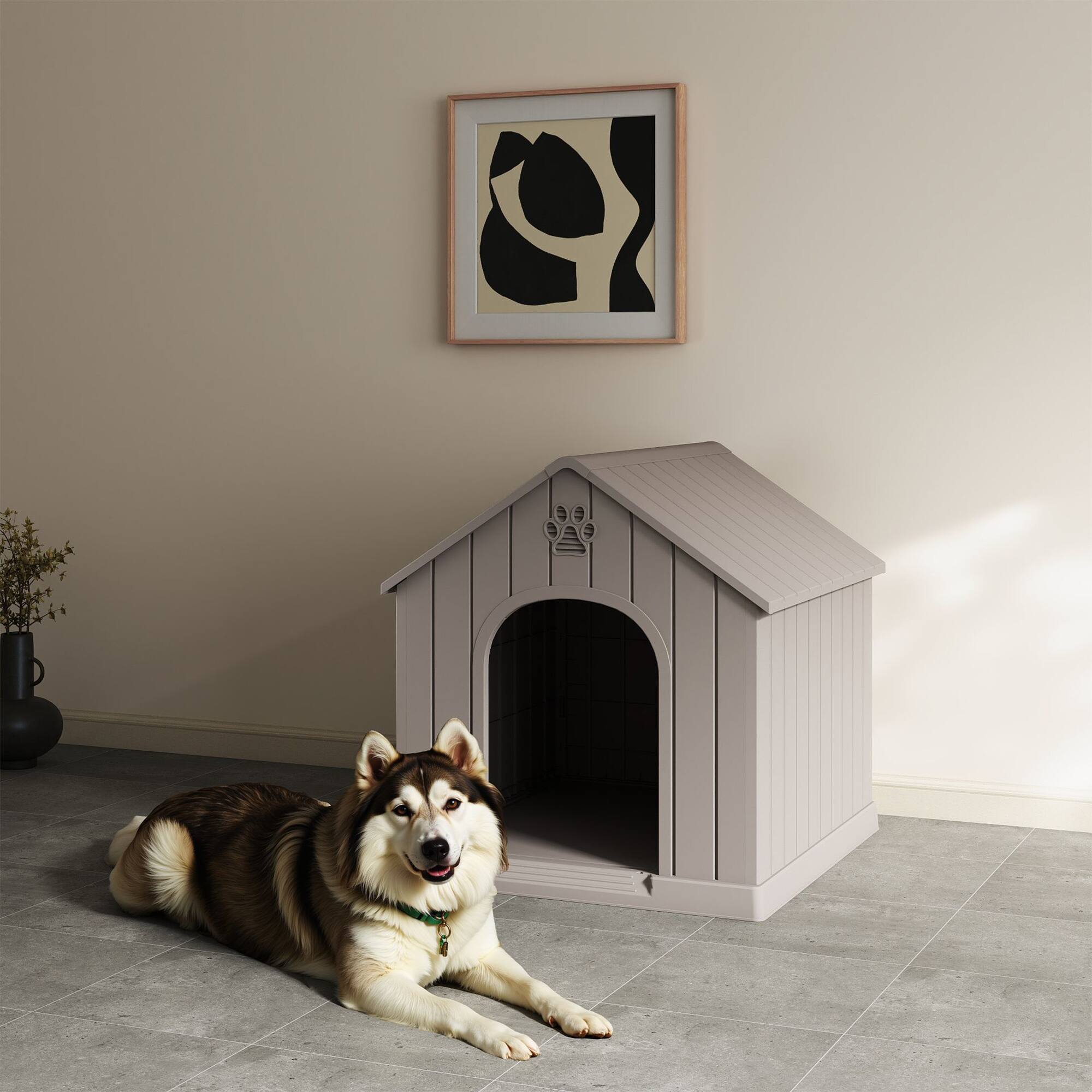 Back. Yardgrace - Durable Waterproof Plastic Pet House Indoor Outdoor Puppy Shelter Kennel with Air Vents、Elevated Floor and Roof,Medium - Grey.