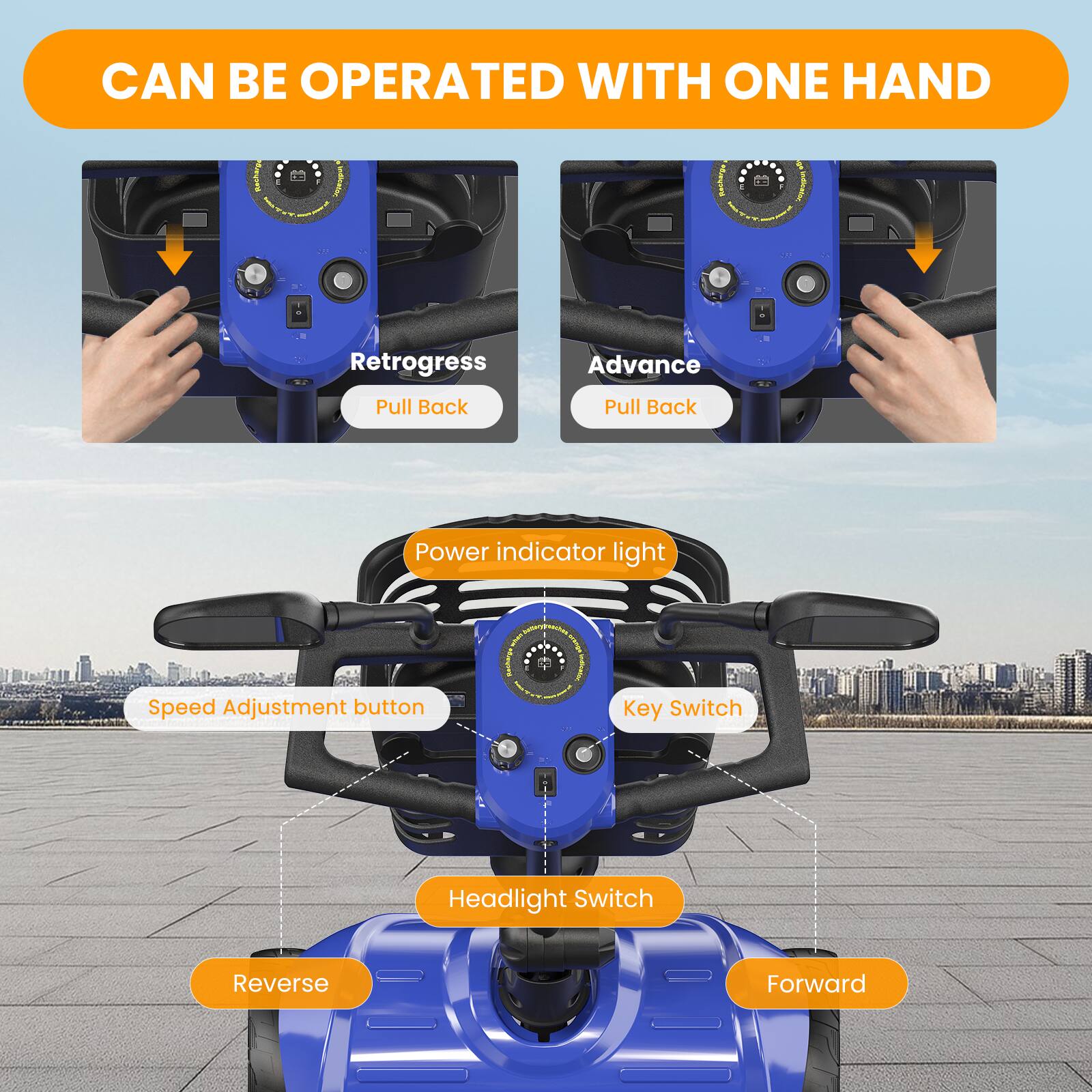 CAN BE OPERATED WITH ONE HAND

Retrogress Pull Back
Advance Pull Back
Power Indicator Light
Speed Adjustment Button
Key Switch
Headlight Switch
Reverse
Forward