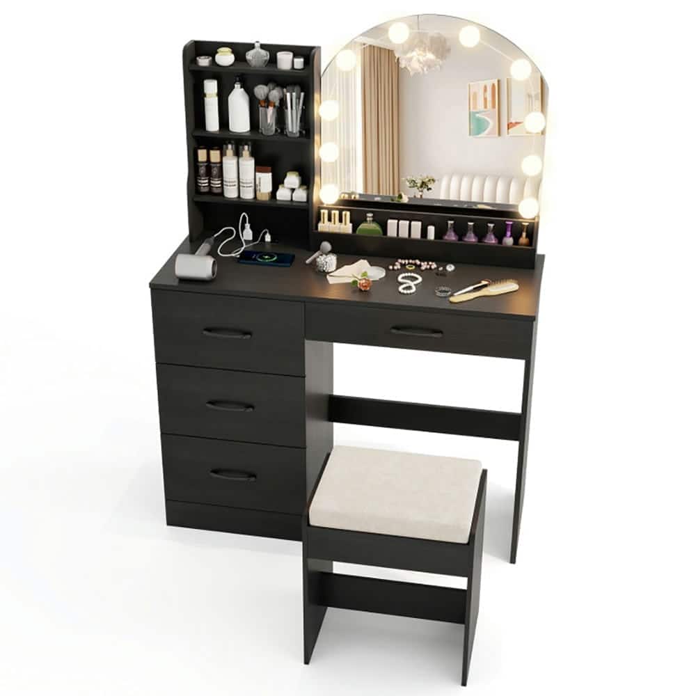 Kadyn - Table & Chair Vanity Set, Vanity Set,Makeup Vanity Desk Dressing Table and Stool Set with Mirror and Lights - Black