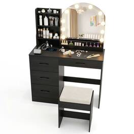 Kadyn - Table & Chair Vanity Set, Vanity Set,Makeup Vanity Desk Dressing Table and Stool Set with Mirror and Lights - Black