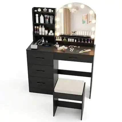 Front. Kadyn - Table & Chair Vanity Set, Vanity Set,Makeup Vanity Desk Dressing Table and Stool Set with Mirror and Lights-Black - Black.