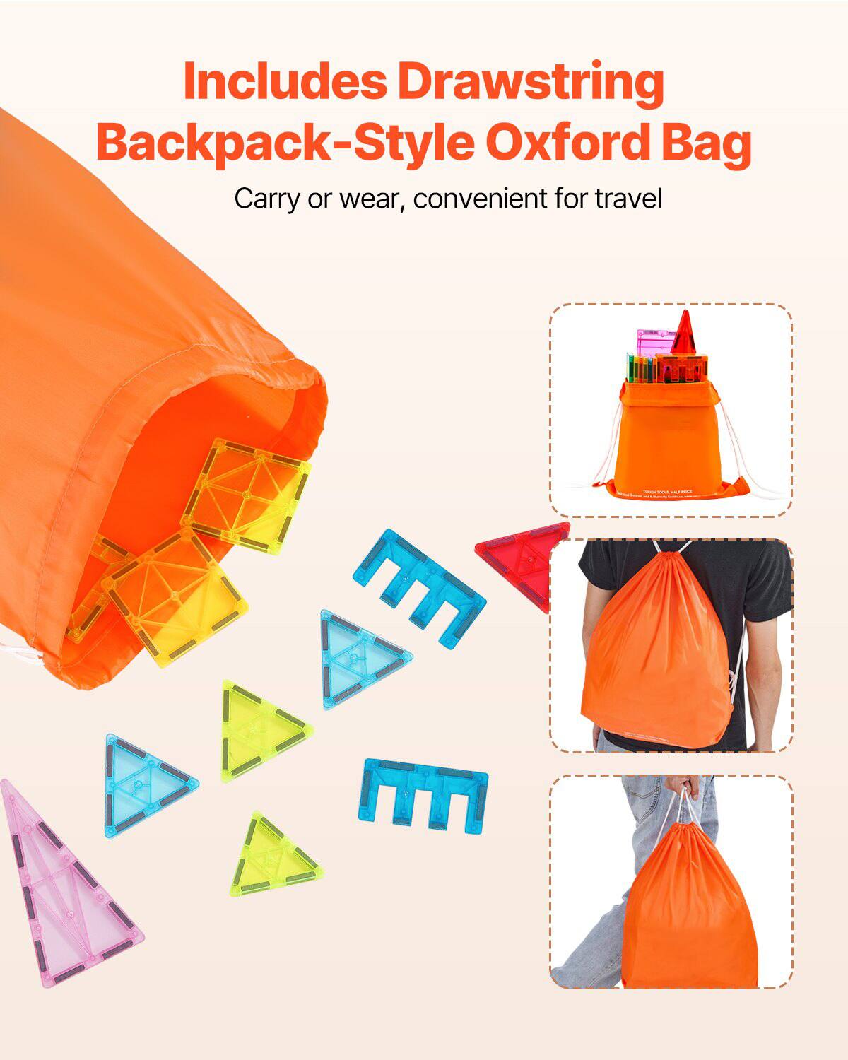 Includes Drawstring Backpack-Style Oxford Bag  
Carry or wear, convenient for travel