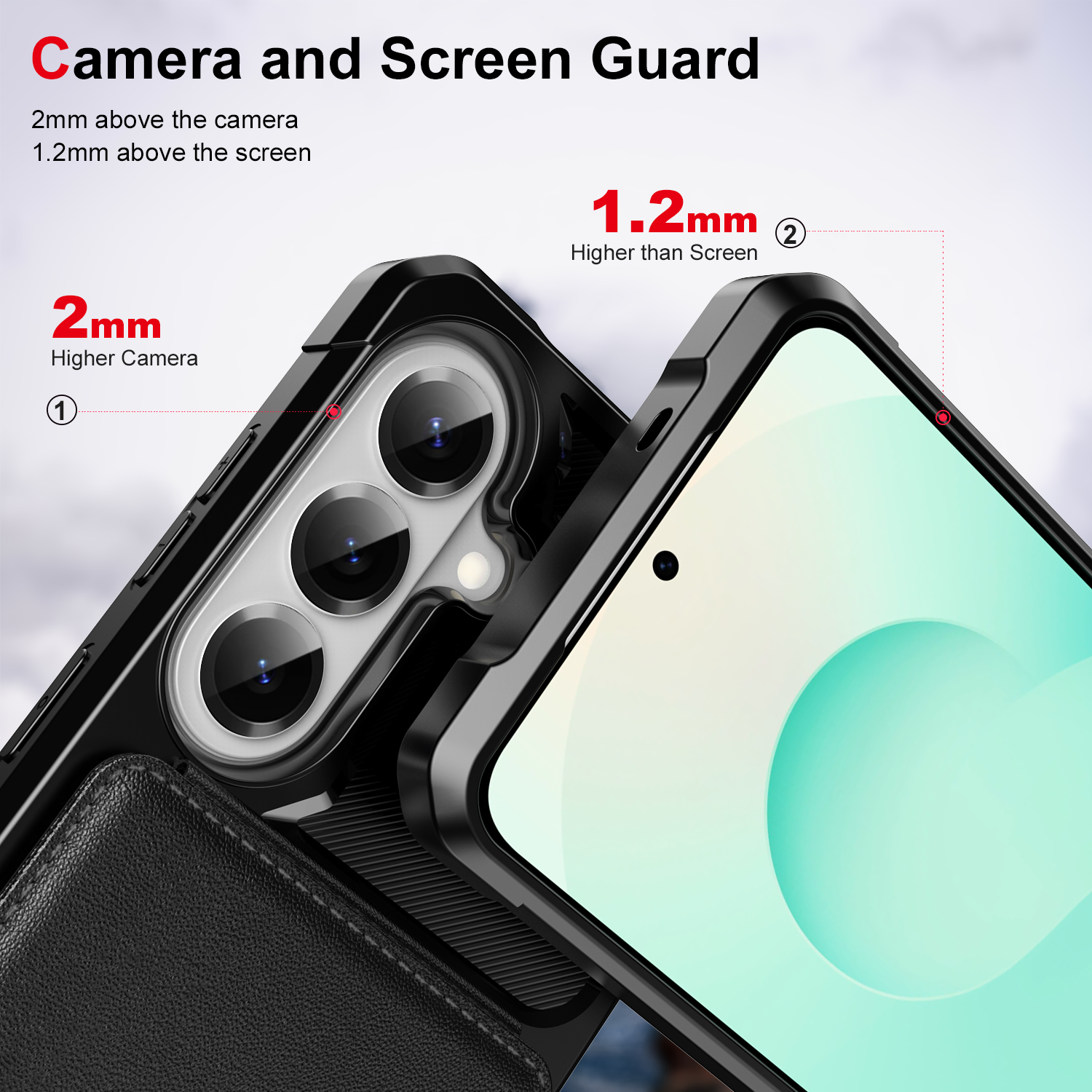 Camera and Screen Guard

2mm above the camera  
1.2mm above the screen

2mm  
Higher Camera

1.2mm  
Higher than Screen