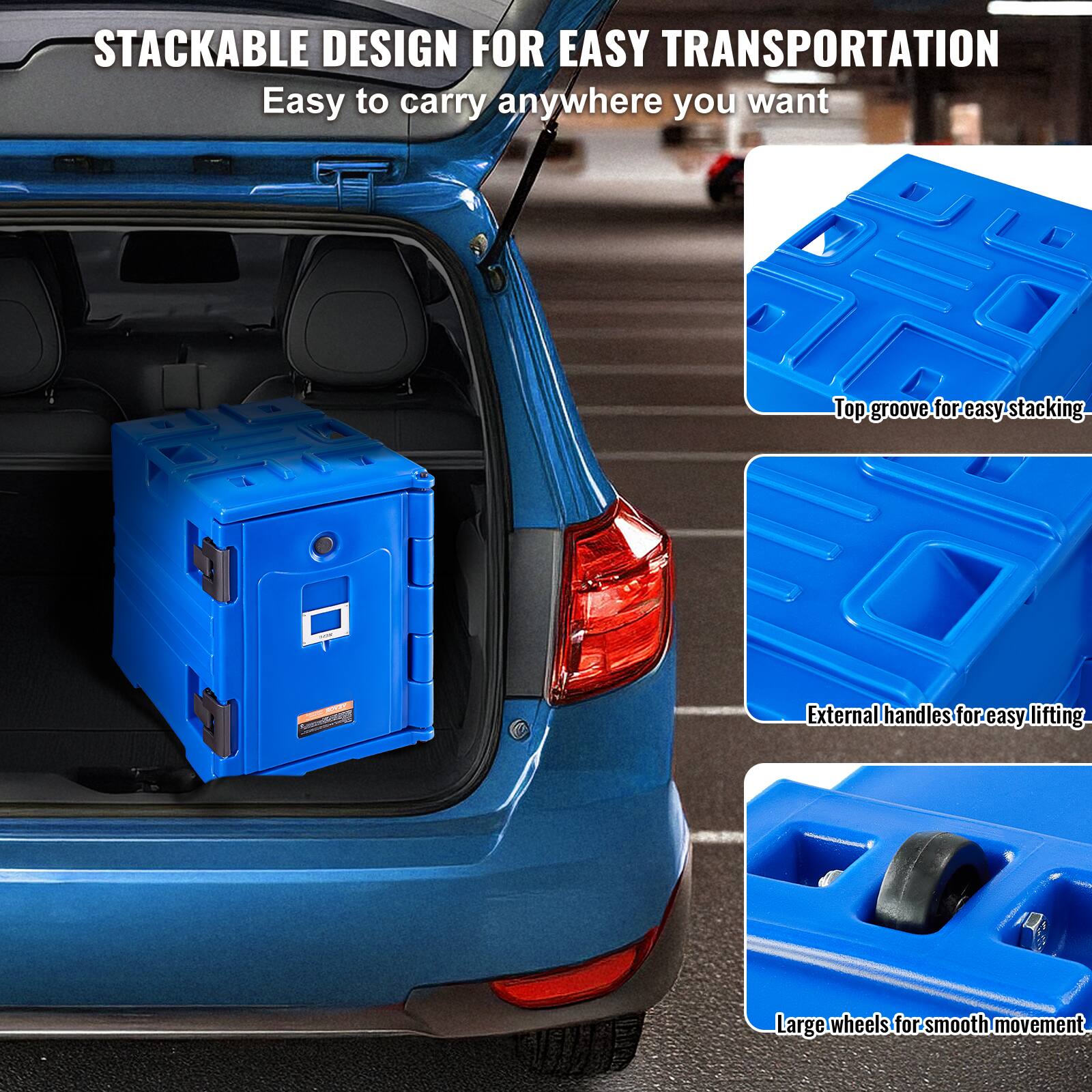 STACKABLE DESIGN FOR EASY TRANSPORTATION
Easy to carry anywhere you want
Top groove for easy stacking.
External handles for easy lifting
Large wheels for smooth movement