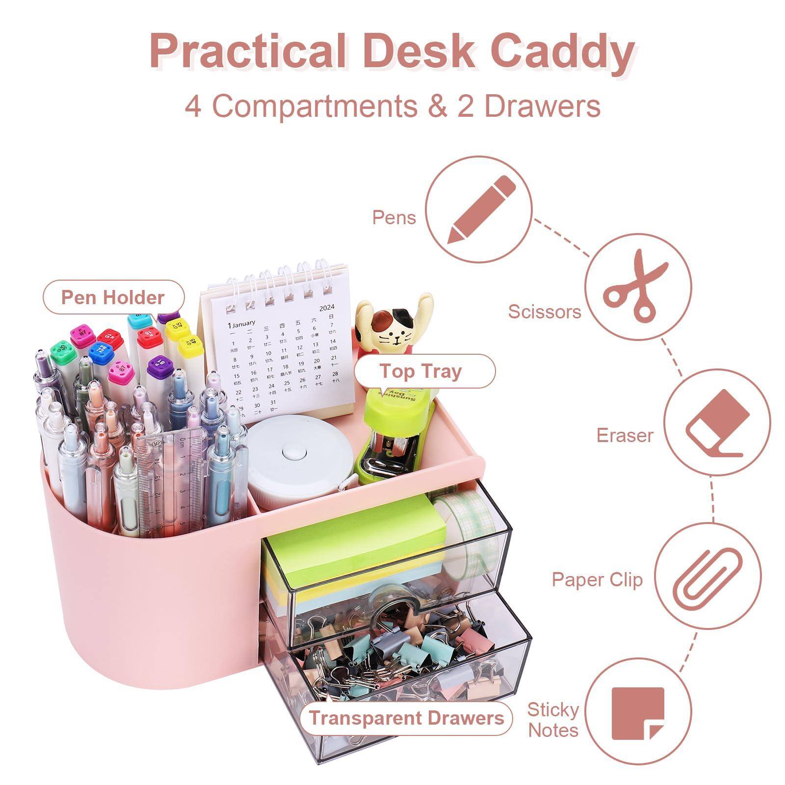 Practical Desk Caddy  
4 Compartments & 2 Drawers  

- Pen Holder  
- Top Tray  
- Scissors  
- Eraser  
- Paper Clip  
- Transparent Drawers  
- Sticky Notes