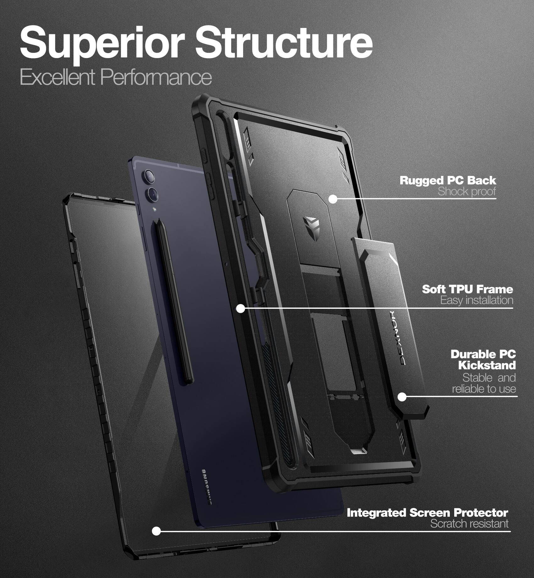 Superior Structure  
Excellent Performance  

- Rugged PC Back  
  Shock proof  

- Soft TPU Frame  
  Easy installation  

- Durable PC Kickstand  
  Stable and reliable to use  

- Integrated Screen Protector  
  Scratch resistant