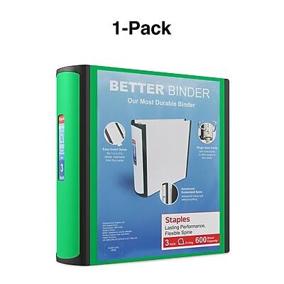 1-Pack  
BETTER BINDER  
Our Most Durable Binder  

Staples  
Lasting Performance, Flexible Spine  
3 D B-ring  
600 sheets