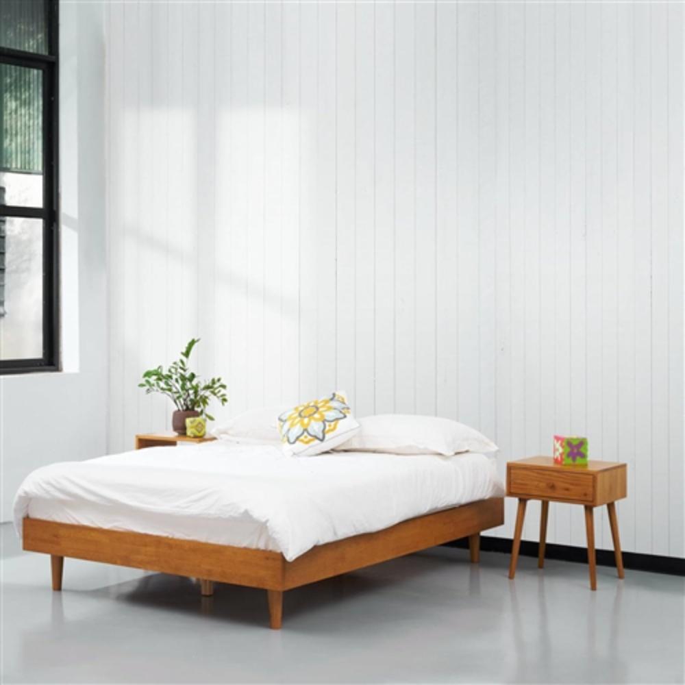 Angle. Hivvago - Full size Mid-Century Modern Platform Bed Frame in Light Wood Finish - Brown.