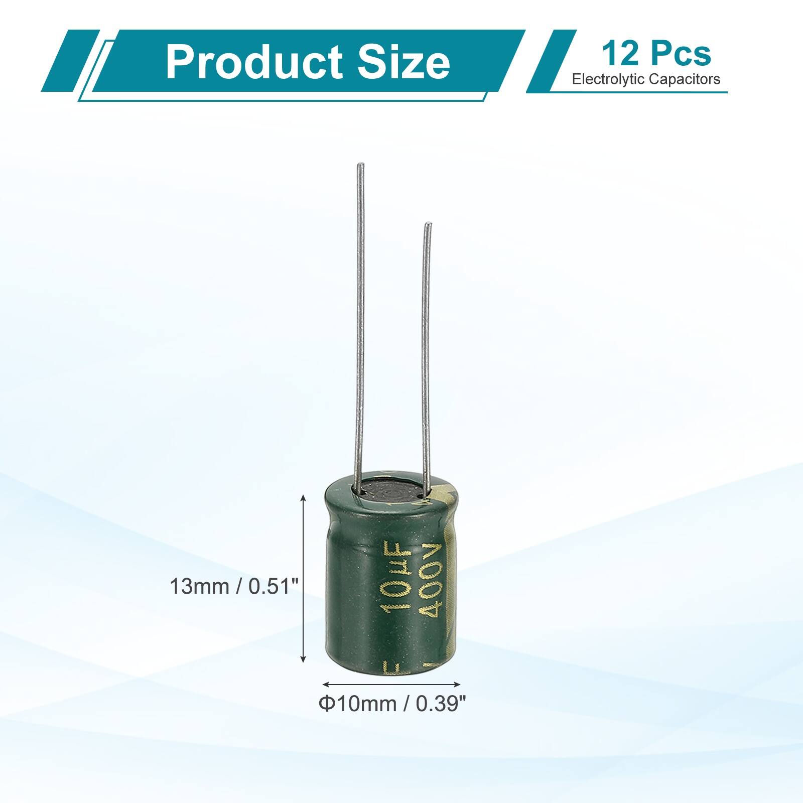 Product Size: 12 Pcs Electrolytic Capacitors  
13mm / 0.51"  
10µF 400V  
10mm / 0.39"