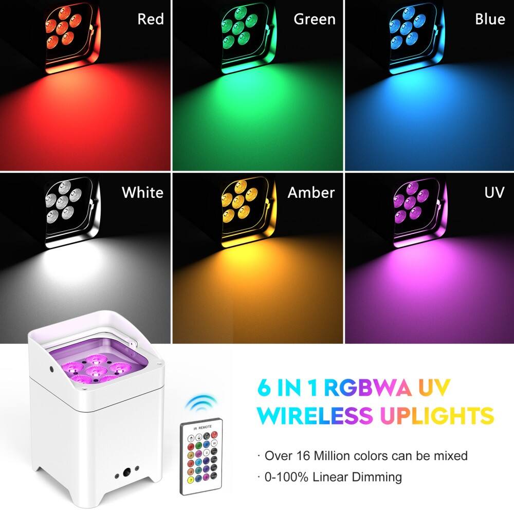 Red Green Blue White Amber UV - REMOTE  
6 IN 1 RGBWA UV WIRELESS UPLIGHTS  
- Over 16 Million colors can be mixed  
- 0-100% Linear Dimming