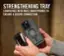 The image features a person holding a smartphone in their hand, with a strengthening tray placed on top of it. The tray is designed to be compatible with most smartphones and ensures a secure connection.