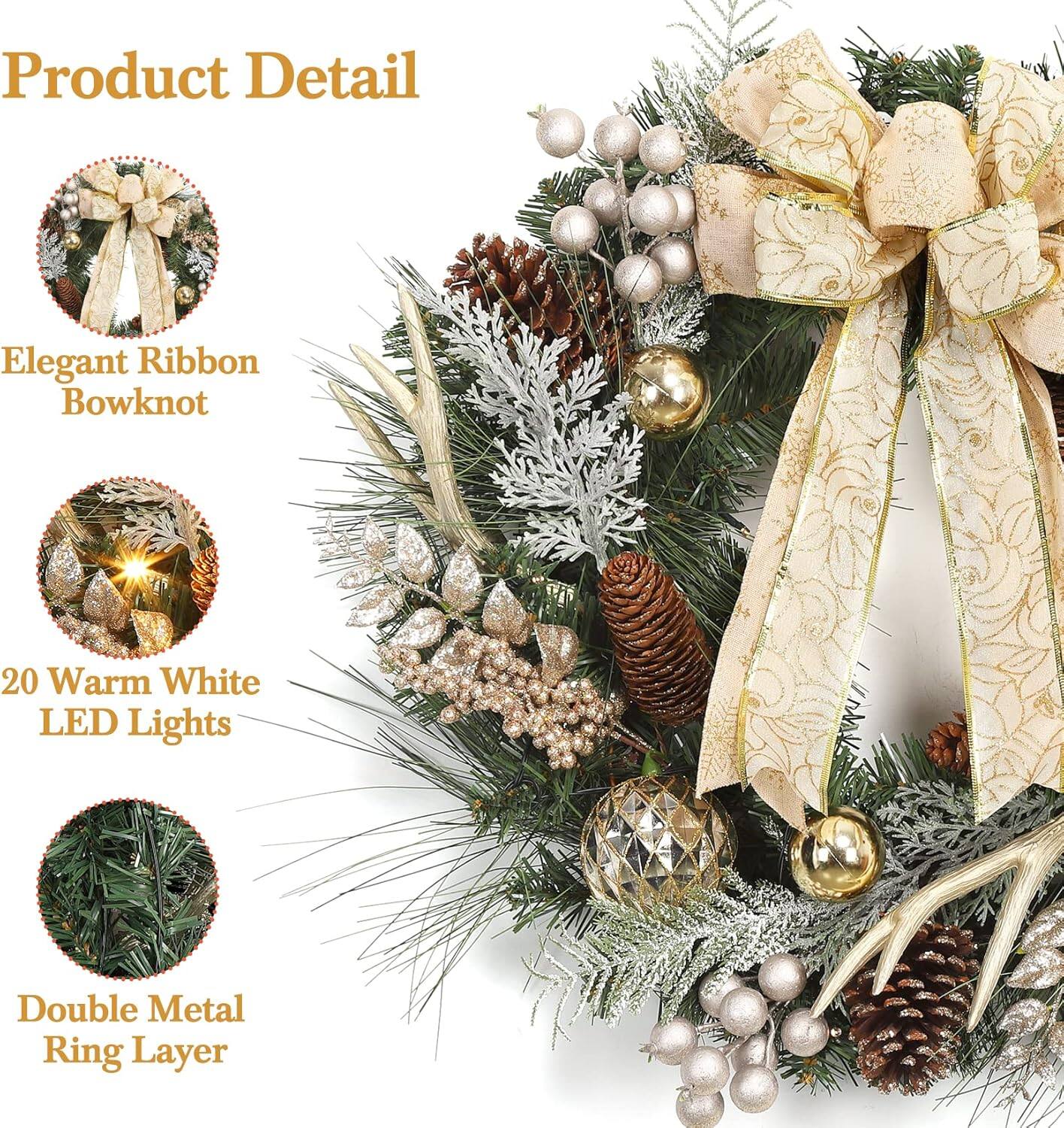 Product Detail

- Elegant Ribbon Bowknot
- 20 Warm White LED Lights
- Double Metal Ring Layer