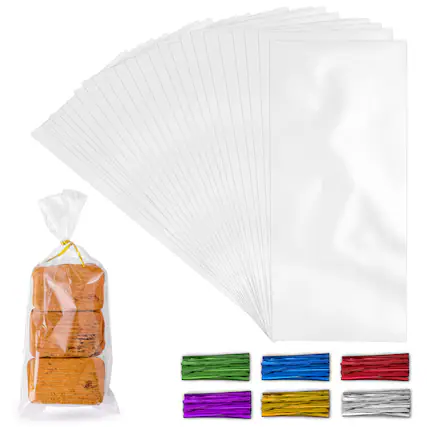 Front. Zulay Kitchen - Simple Craft 200 Pack Candy Treat Cellophane Bags with Ties (5''x7'') - Clear.