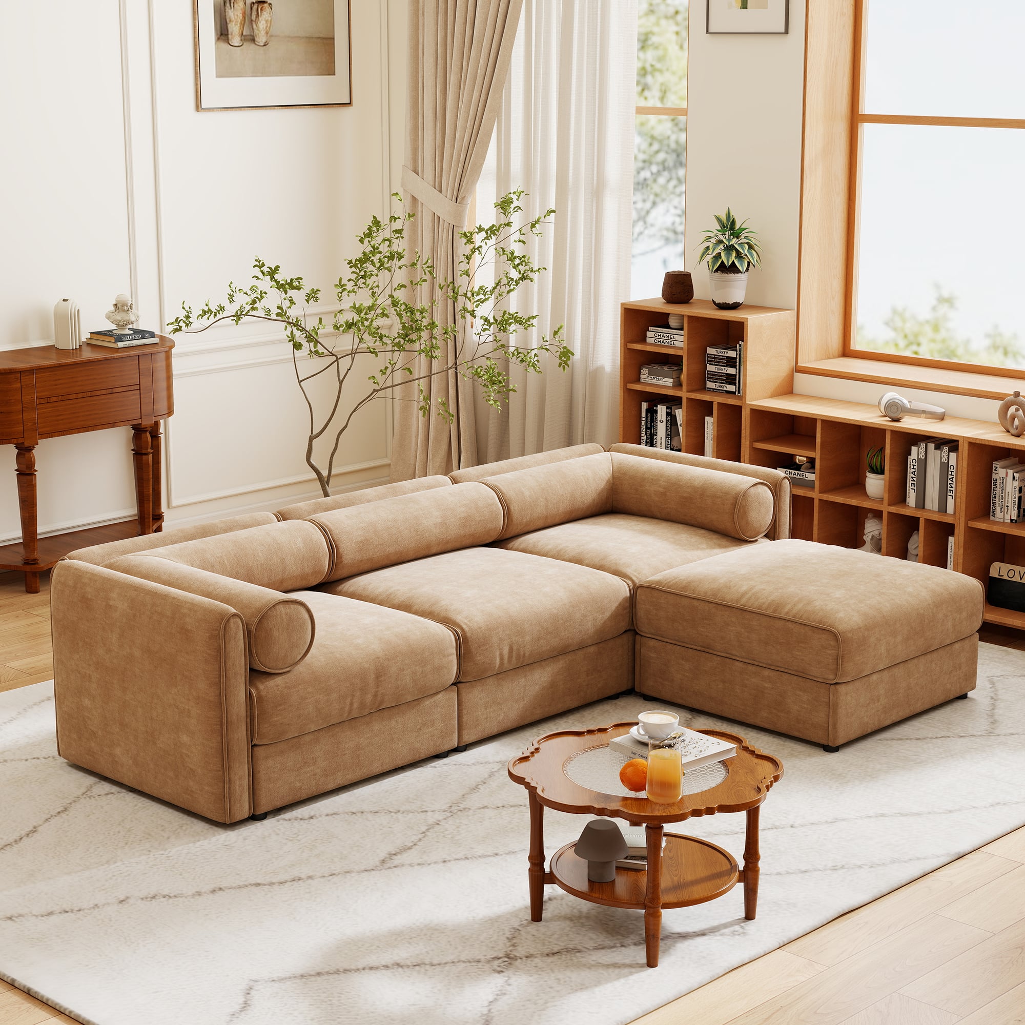 Anysun - Chenille L-Shape 3-Seater Sofa with Ottoman & Hidden Storage - Cylindrical Backrest & Armrests, Contemporary. - Camel