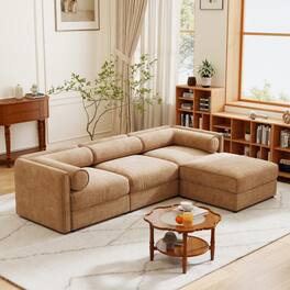 Anysun - Chenille L-Shape 3-Seater Sofa with Ottoman & Hidden Storage - Cylindrical Backrest & Armrests, Contemporary. - Camel