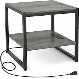 Aheaplus - 20'' Wide End Table with Charging Station, 2-Tier Square Mini Refrigerator Stand for Kitchen/Living Room - Gray Oak